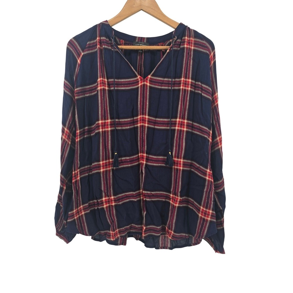 Lucky Brand Blouse Womens 1X Blue Red Plaid Boho Tassel Metallic Lurex V-Neck